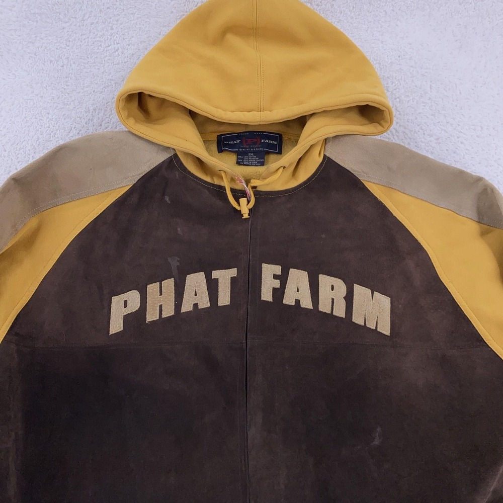Phat Farm Hoodie Mens 3XL Suede‎ Leather Full Zip Hooded Jacket Hip Hop